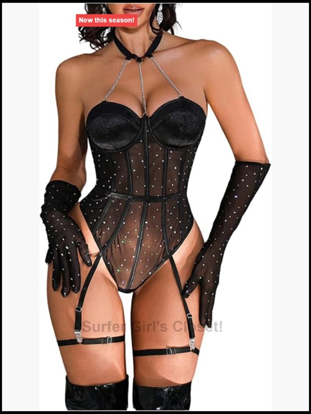 Strapless Lace Lingerie Corset Bodysuit Sheer Garter Set with Choker